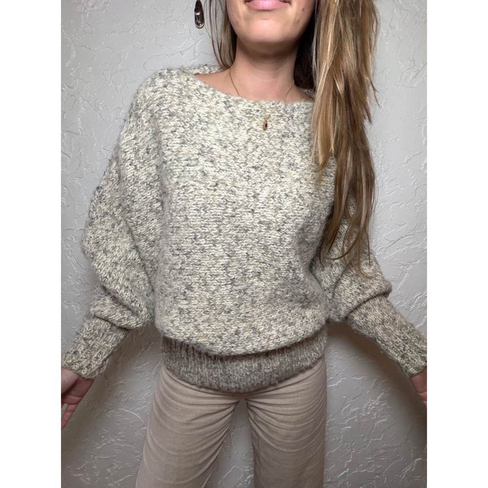 Hand Knit Chunky Wool Blend Batwing Sweater Oatmeal Grey Marl Boat Neck L/XL